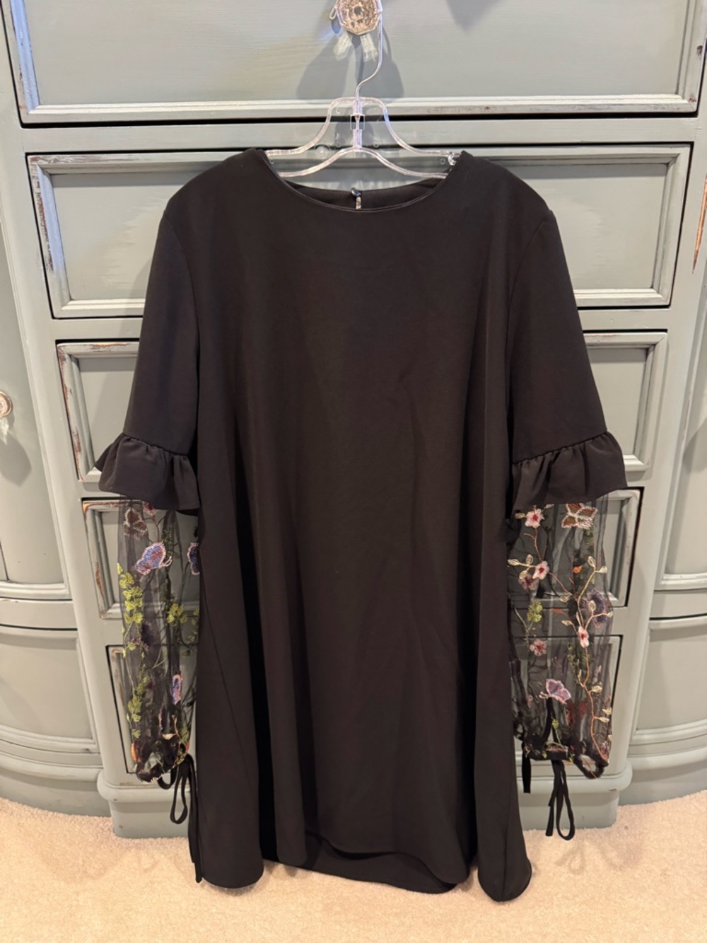 DO+BE Black Dress with Embroidered Sheer Floral Sleeves